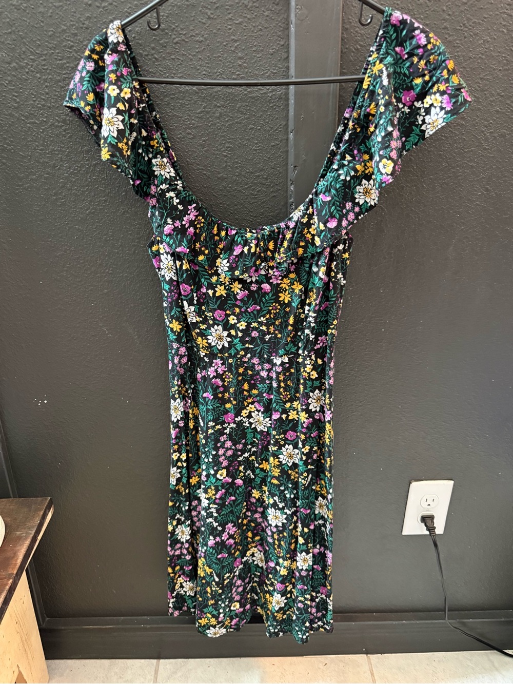 Old Navy Black Floral Off-Shoulder Ruffle Dress with Green and Yellow Accents